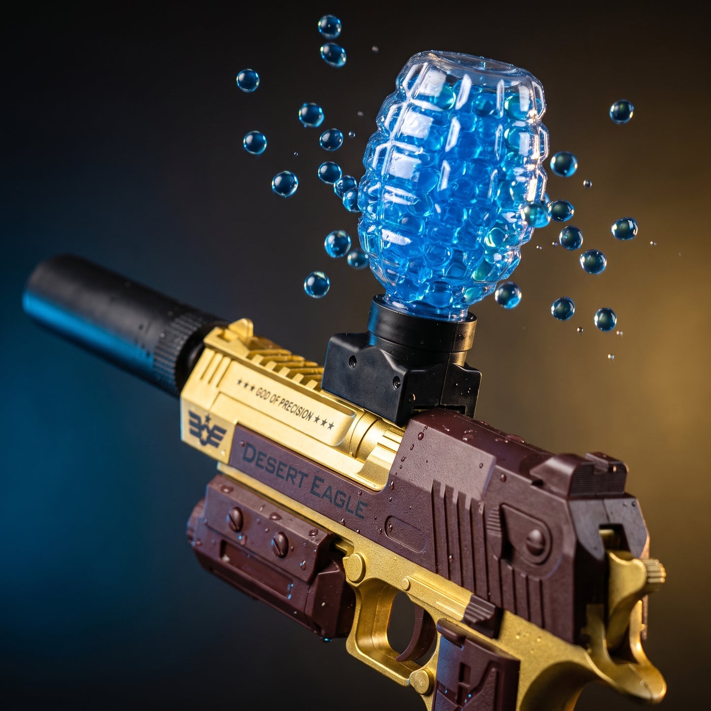 Detail zlatého závěru Gelshot Desert Eagle se zásobníkem plným gelových kuliček