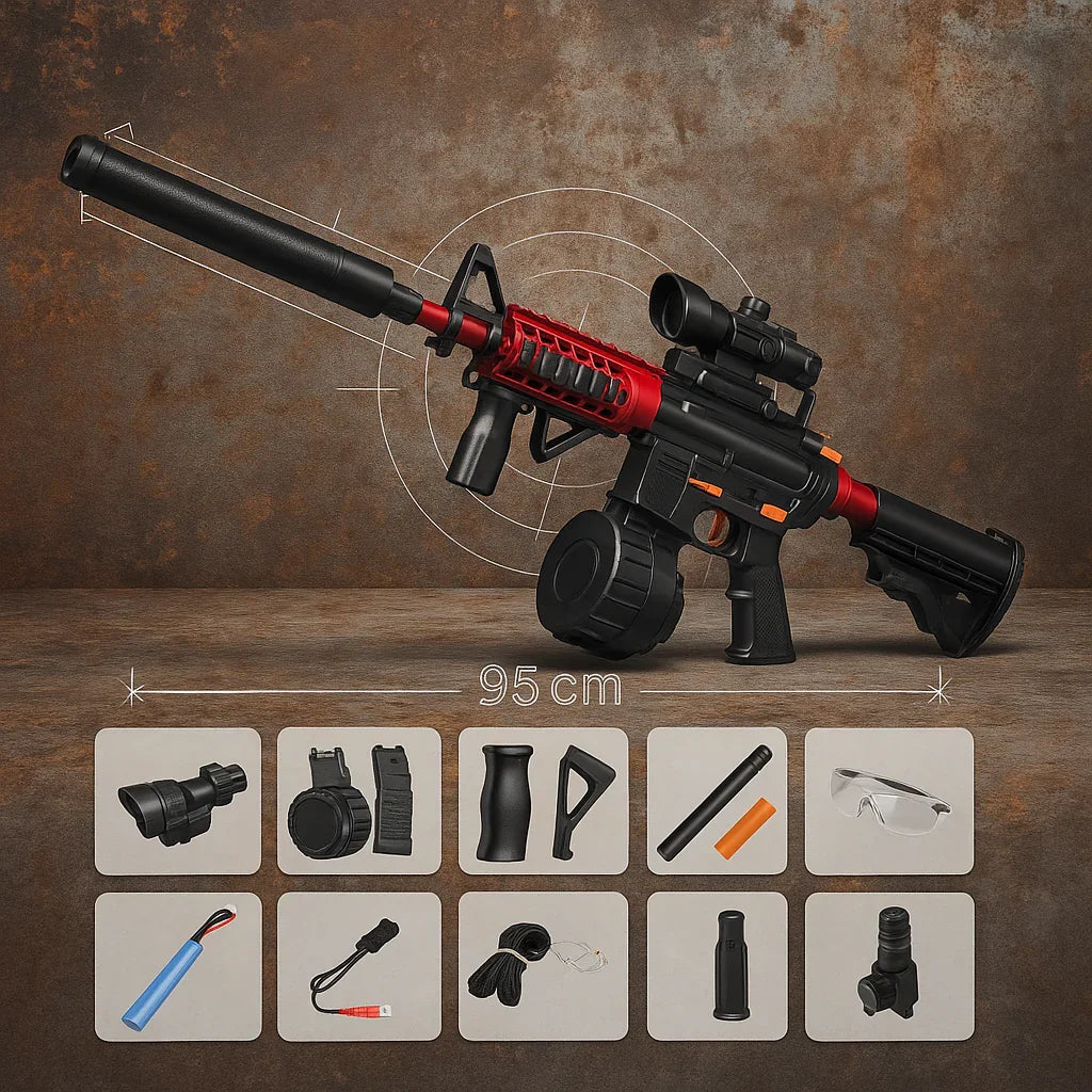 Gelshot M4A1 pistolka na gelové kuličky od gelshot.cz s červenou hlavní, černou pažbou a optikou je vystavena na hnědém pozadí spolu s tlumičem, zásobníkem a gelovými kuličkami. Puška měří 95 cm.