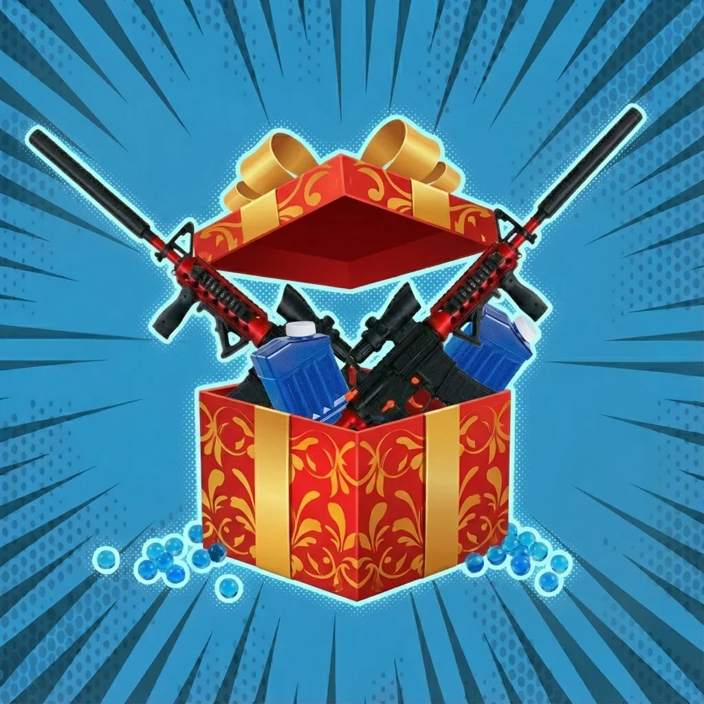 Po otevření červenozlaté dárkové krabičky se objeví Výhodný balíček - 2× pistole Gelshot M4A1 + 2× náboje zdarma od gelshot.cz, vyobrazený s modrými nádobami a gelovými náboji na modrém pozadí v komiksovém stylu.