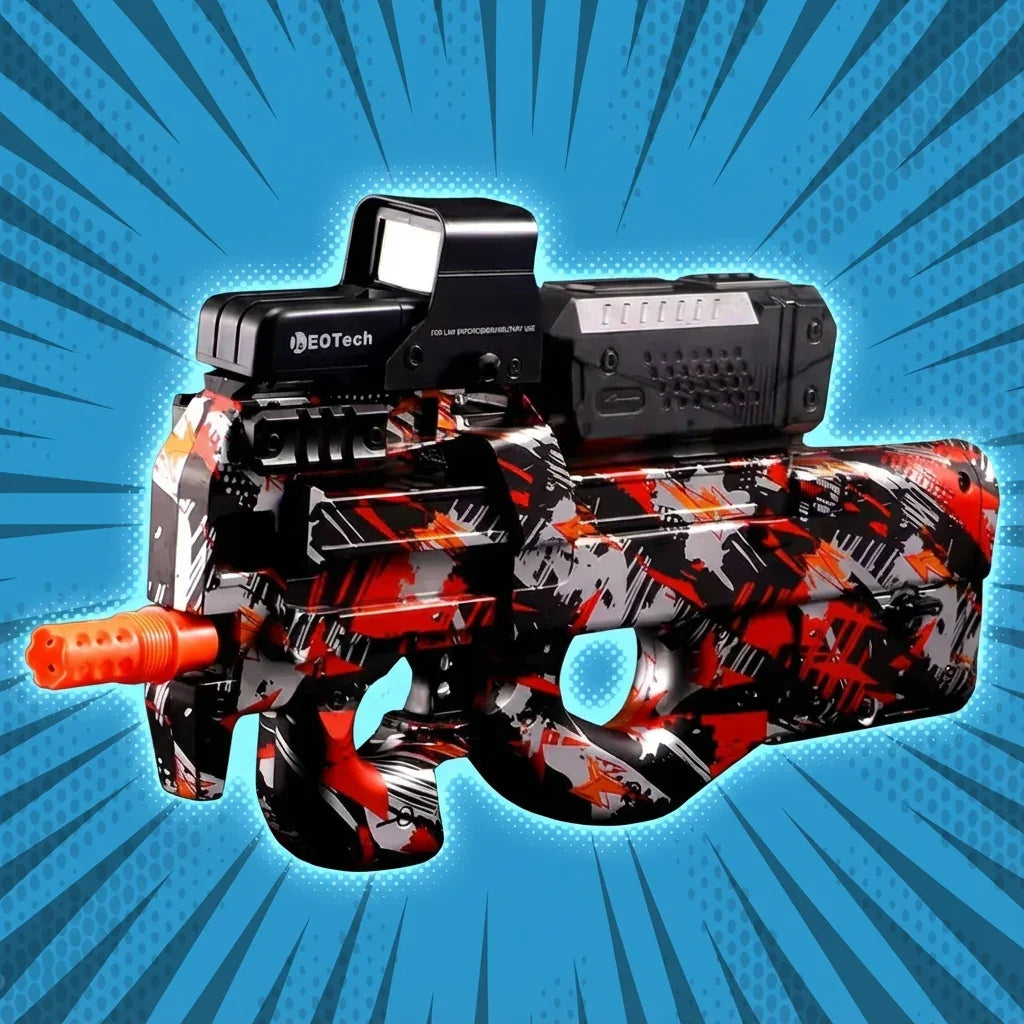 Pistole Gelshot P90 na gelové kuličky od firmy gelshot.cz v červené, černé a bílé kamufláži se zaměřovačem a elektronickým nástavcem je vyobrazena na modrém pozadí ve stylu komiksu.