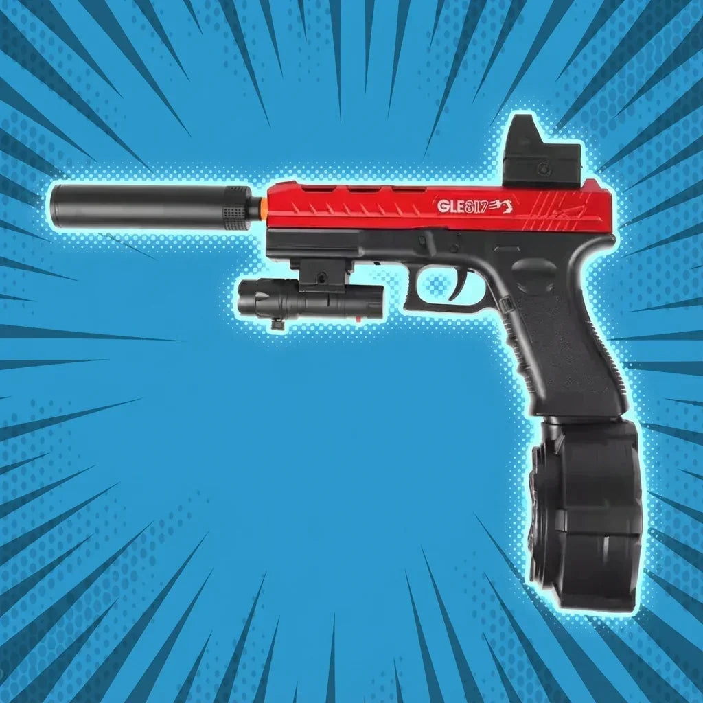 Výhodný balíček od gelshot.cz: 2× Gelshot Glock 17 pistolka s červeno-černým designem, bubnovým zásobníkem, zaměřovačem a tlumičem, plus 2× náboje. Ideální pro zábavné hraní!.