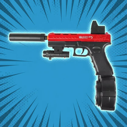 Výhodný balíček od gelshot.cz: 2× Gelshot Glock 17 pistolka s červeno-černým designem, bubnovým zásobníkem, zaměřovačem a tlumičem, plus 2× náboje. Ideální pro zábavné hraní!.