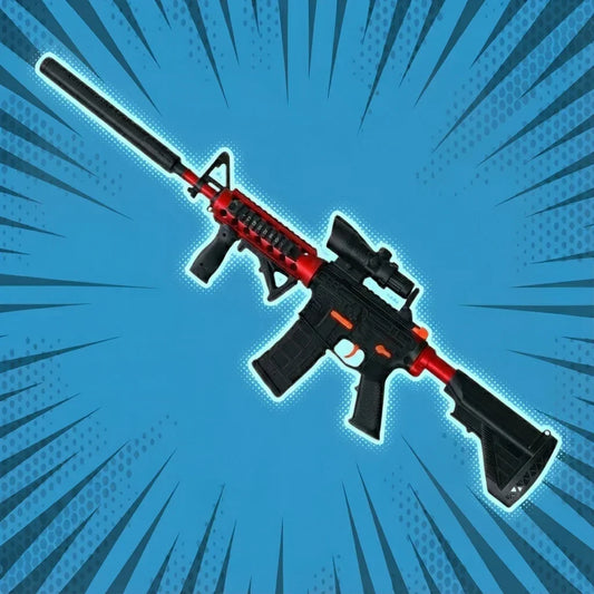 Výhodný balíček od gelshot.cz obsahuje 2× pistoli Gelshot M4A1 a 2× náboje zdarma - ideální pro fanoušky gelové pistole! Červenočerné pušky, zobrazené na modrém pozadí v komiksovém stylu, jsou vybaveny zaměřovačem a tlumičem.