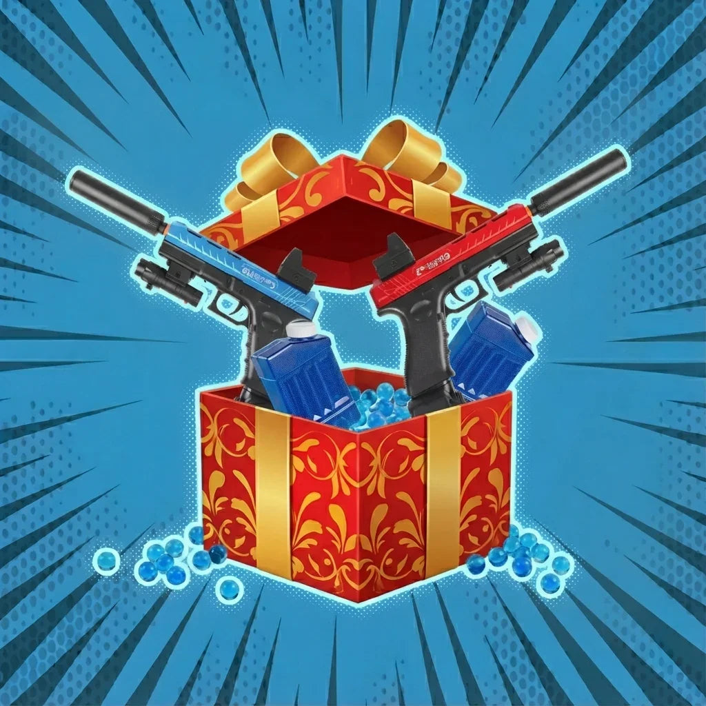 Červená dárková krabička se zlatou stuhou se otevře a odhalí Výhodný balíček od gelshot.cz - dvě pistole Glock 17 (jedna modrá, jedna červená) a dva náboje - na modrém pozadí v komiksovém stylu s vyzařujícími liniemi.