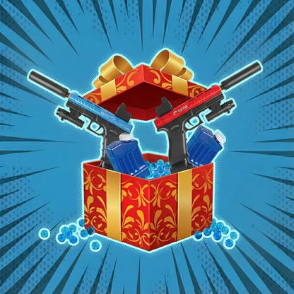 Červená dárková krabička se zlatou stuhou se otevře a odhalí Výhodný balíček od gelshot.cz - dvě pistole Glock 17 (jedna modrá, jedna červená) a dva náboje - na modrém pozadí v komiksovém stylu s vyzařujícími liniemi.