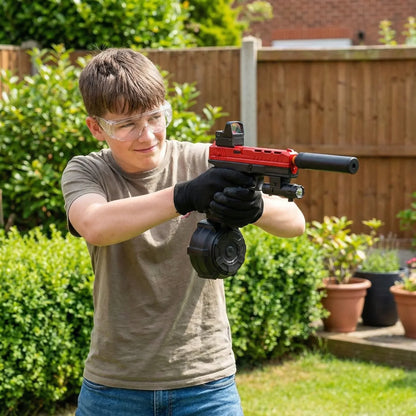 Dospívající chlapec v ochranných brýlích a černých rukavicích míří venku červenočernou pistolí Gelshot Glock 17 s bubnovým zásobníkem, ideální pro testování gelové náboje z Výhodného balíčku - 2× pistole Gelshot Glock 17 + 2× náboj od gelshot.cz.